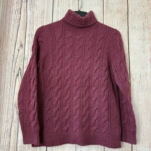 LL Bean Ladies Cable Knit Turtleneck Sweater Burgundy